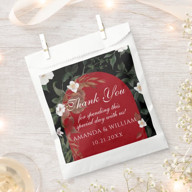 Elegant Black Red White Floral Wedding  Favor Bag (Clipped)