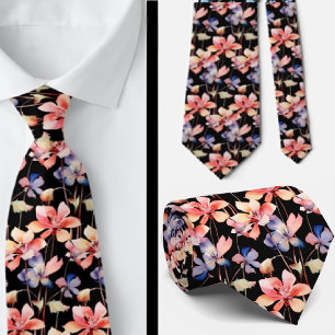 Elegant Black Red Wildflowers Neck Tie