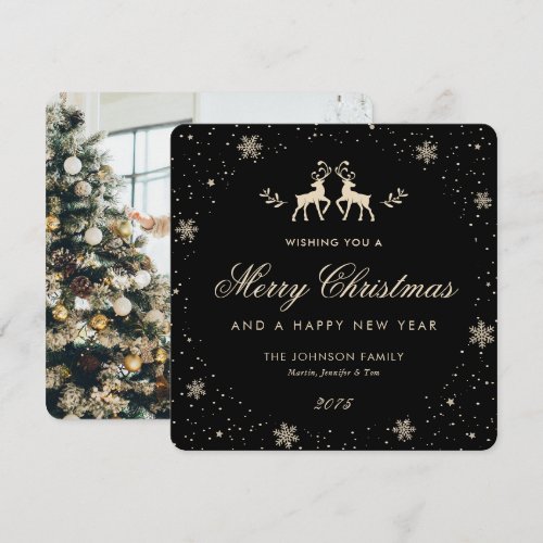 Elegant Black Reindeer Snowflake Photo Holiday Card
