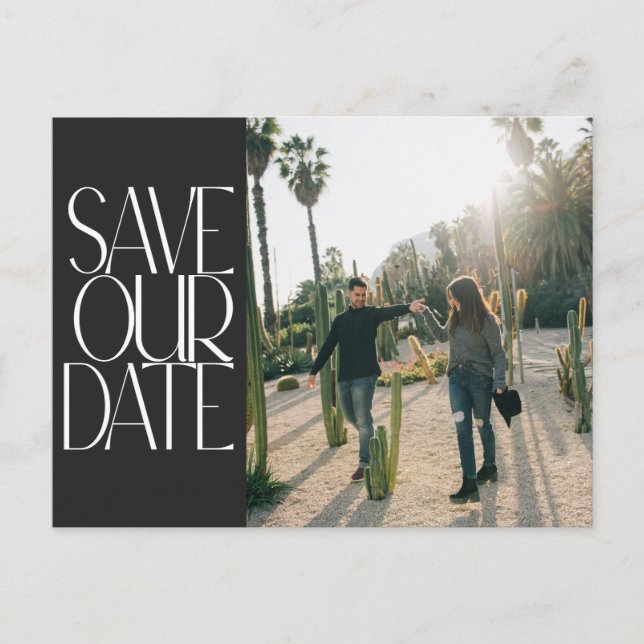 Elegant Black Retro Text Photo Save the Date Postcard (Front)