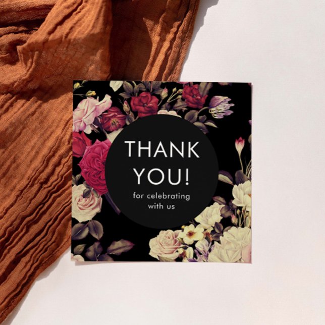 Elegant Black Romantic Floral Wedding Thank You Card (This elegant floral thank you card is a beautiful way to thank wedding guests.)