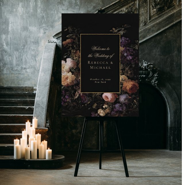 Elegant Black Romantic Flower Dark Wedding Welcome Foam Board (Creator Uploaded)