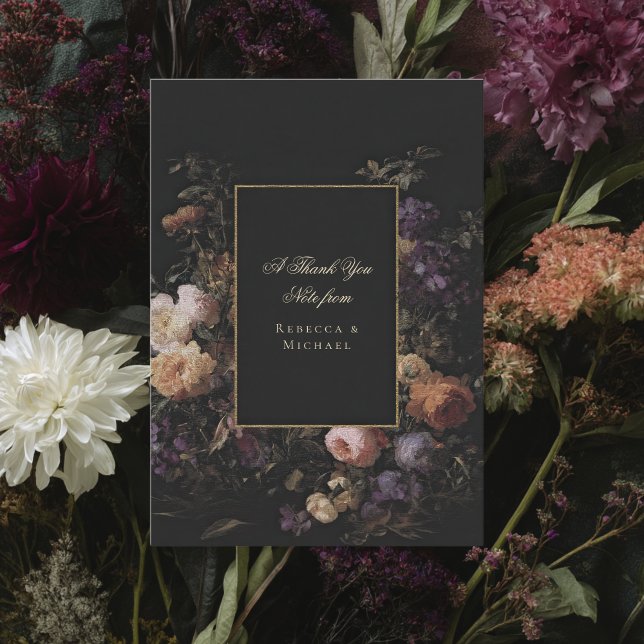 Elegant Black Romantic Flowers Dark Wedding Thank You Card (Creator Uploaded)