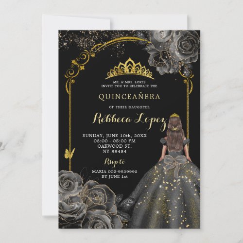 Elegant Black Rose and Gold Princess Quinceaera Invitation