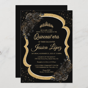 Elegant Black Rose and Gold Quinceanera Invitation