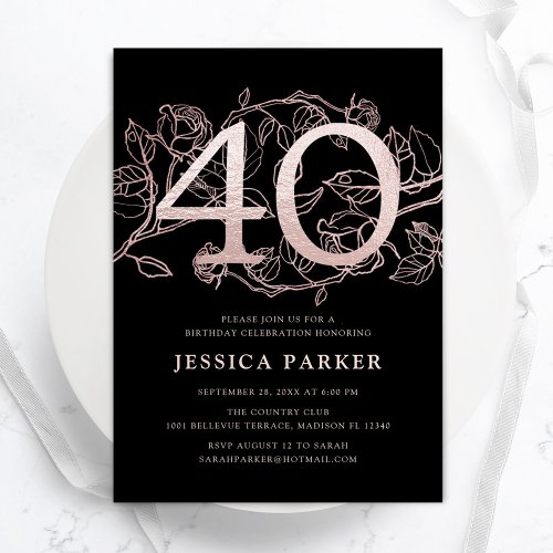 Elegant Black Rose Gold 40th Birthday Invitation