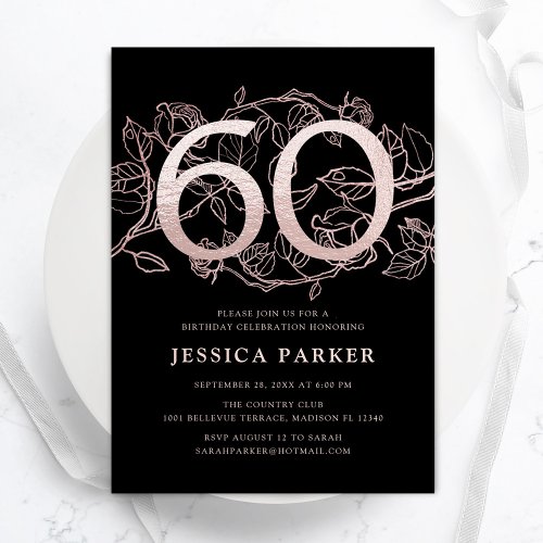 Elegant Black Rose Gold 60th Birthday Invitation