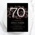 Elegant Black Rose Gold 70th Birthday Invitation<br><div class="desc">Elegant black rose gold 70th birthday party invitation. Customizable modern feminine design featuring roses botanical accents and faux glitter rose gold. Simple floral invite card perfect for a stylish female bday celebration. Personalize with your own details. Printed Zazzle invitations or instant download digital printable template.</div>
