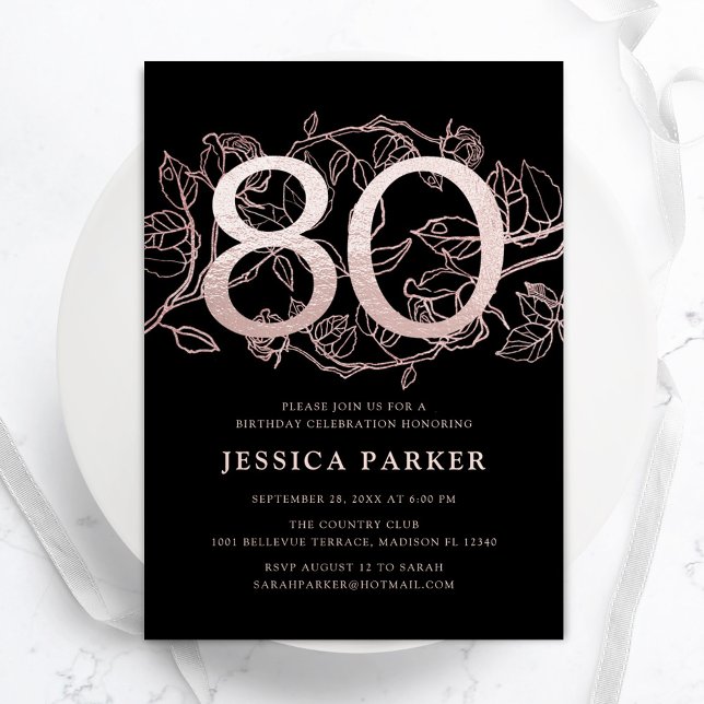 Elegant Black Rose Gold 80th Birthday Invitation (Creator Uploaded)
