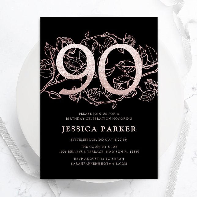 Elegant Black Rose Gold 90th Birthday Invitation (Creator Uploaded)