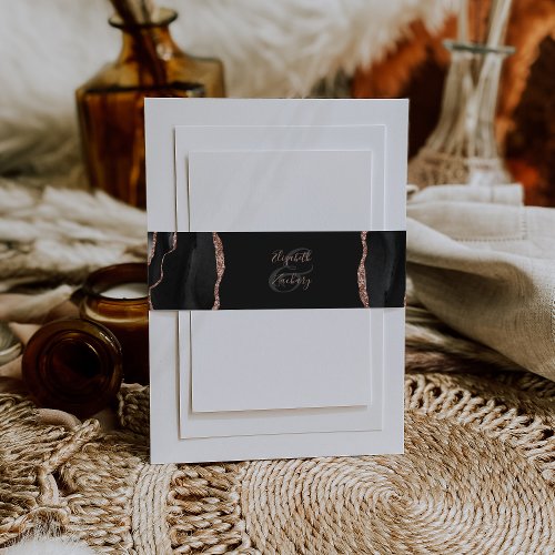 Elegant Black Rose Gold Agate Dark Wedding Invitation Belly Band