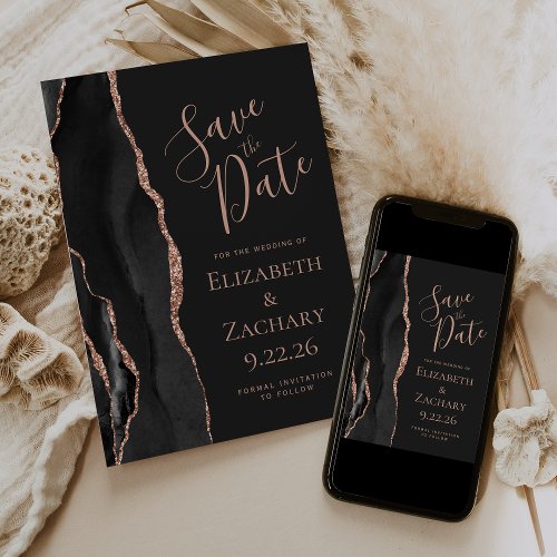 Elegant Black Rose Gold Agate Save the Date Card