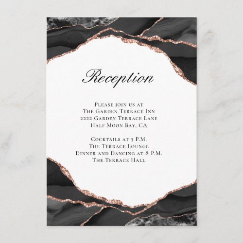 Elegant Black Rose Gold Agate Wedding Reception Enclosure Card