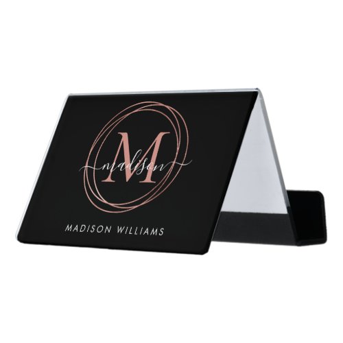 Elegant Black Rose Gold Blush Pink Monogram Circle Desk Business Card Holder