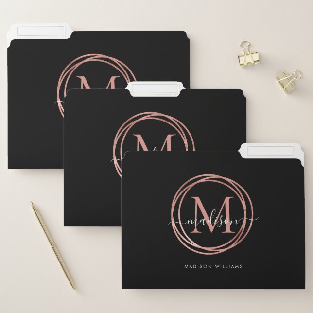 Elegant Black Rose Gold Blush Pink Monogram Circle File Folder (Set)