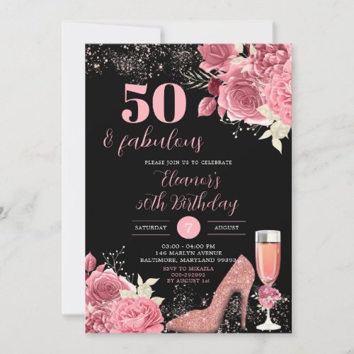 Elegant Black Rose Gold Champagne Adult Birthday Invitation