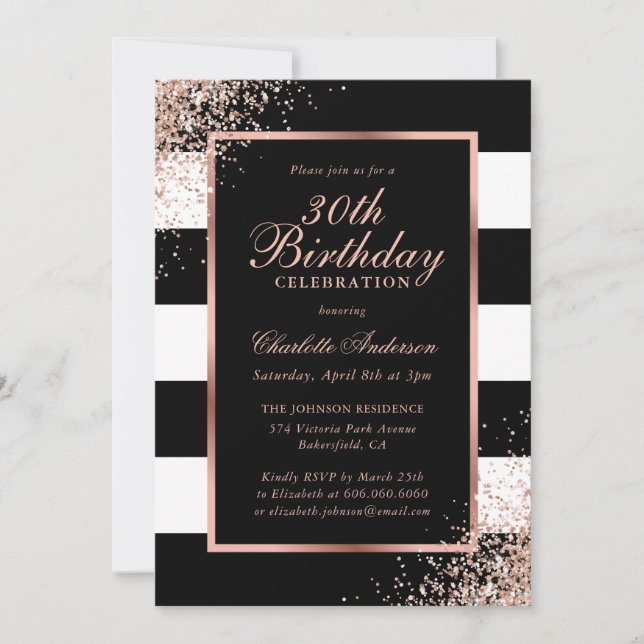 Elegant Black Rose Gold Confetti 30th Birthday Invitation (Front)