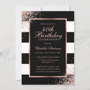 Elegant Black Rose Gold Confetti 40th Birthday Invitation