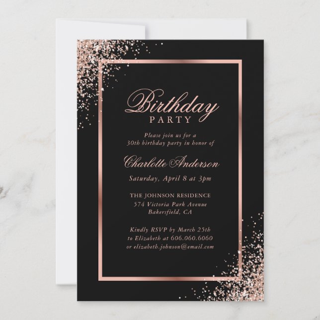 Elegant Black Rose Gold Confetti Birthday Party Invitation (Front)
