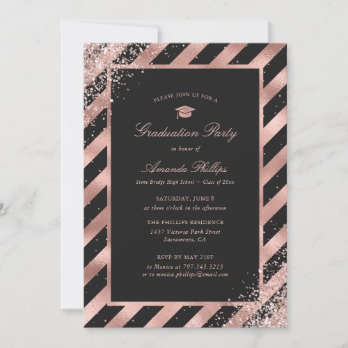 Elegant Black Rose Gold Confetti Graduation Party Invitation