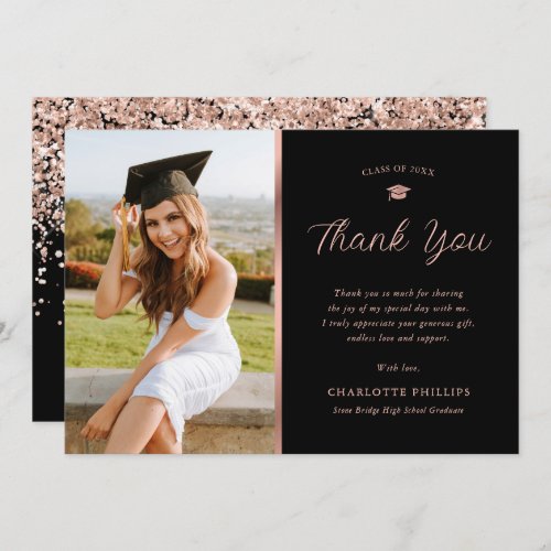 Elegant Black Rose Gold Confetti Photo Graduation Thank You Card
