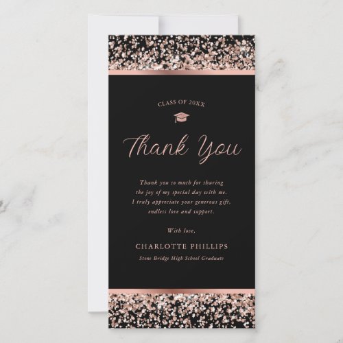 Elegant Black Rose Gold Confetti Photo Graduation Thank You Card