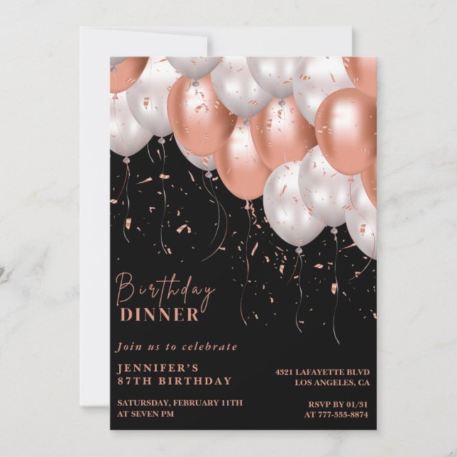 Elegant Black Rose gold Dinner 87th birthday Invitation (Front)