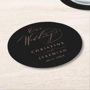 Elegant Black Rose Gold Elegant Script Wedding Round Paper Coaster
