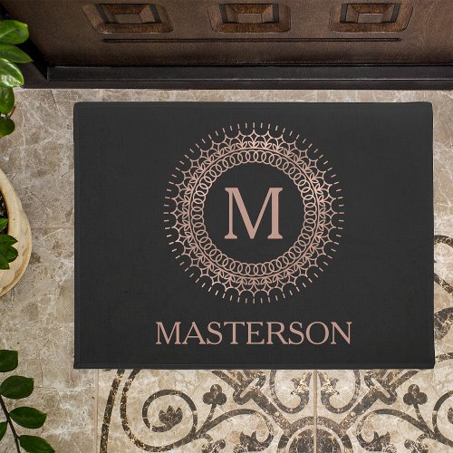 Elegant Black  Rose Gold Family Name Monogram Doormat