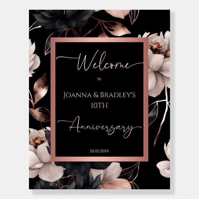 Elegant black rose gold floral anniversary welcome foam board (Front)