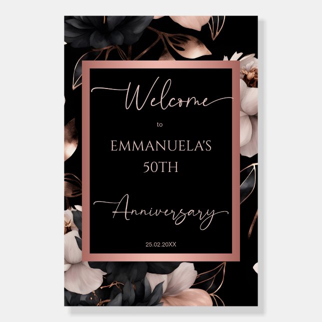 Elegant black rose gold floral anniversary welcome foam board (Front)