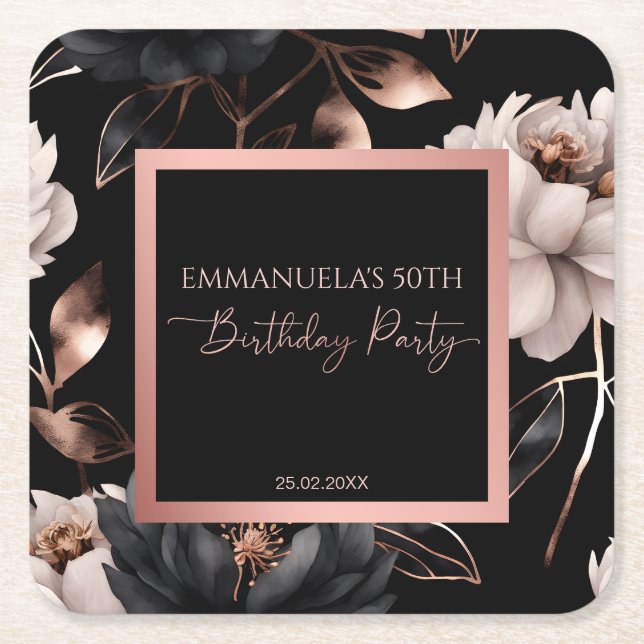 Elegant black rose gold floral birthday favors square paper coaster (Front)