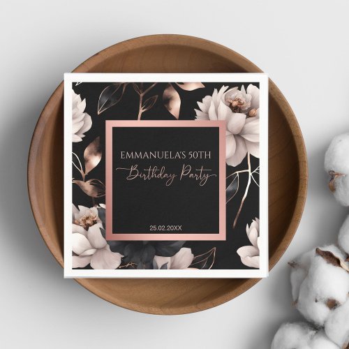 Elegant black rose gold floral birthday template napkins