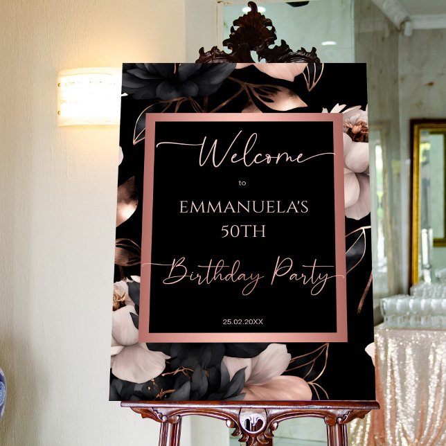 Elegant black rose gold floral birthday welcome foam board (Elegant black rose gold floral birthday party welcome sign  board personalized entrance decor DIY)