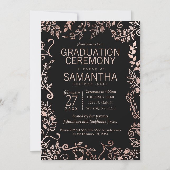 Elegant Black Rose Gold Floral Graduation Invitation (Front)