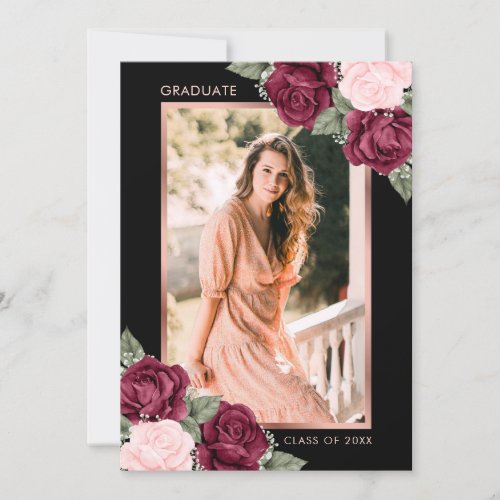 Elegant Black Rose Gold Floral Photo Graduation Announcement