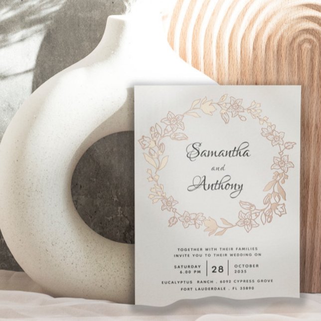 Elegant Black Rose Gold Floral Wreath Wedding Foil Invitation (Creator Uploaded)