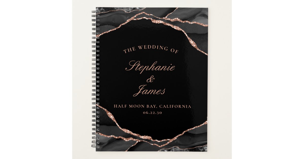 Elegant Black Rose Gold Foil Agate Photo Wedding Planner | Zazzle
