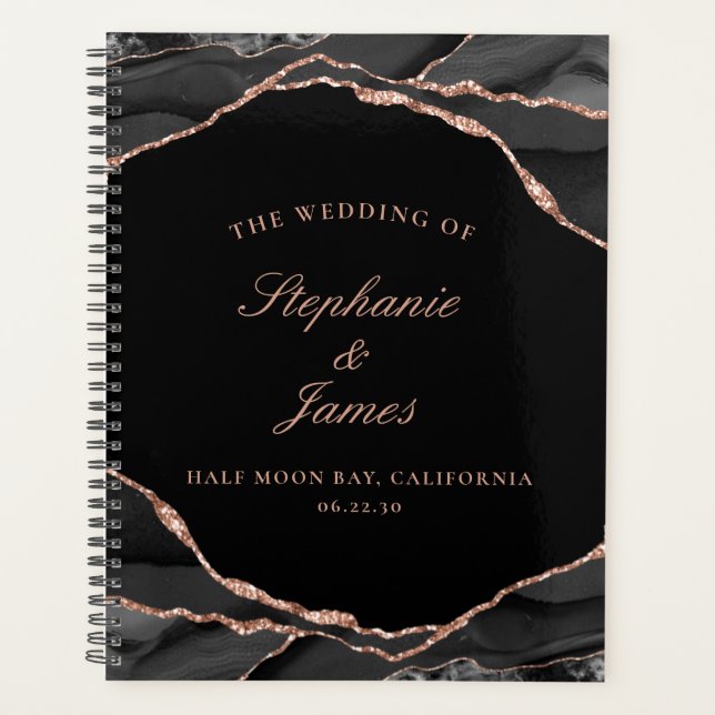 Elegant Black Rose Gold Foil Agate Photo Wedding Planner (Front)