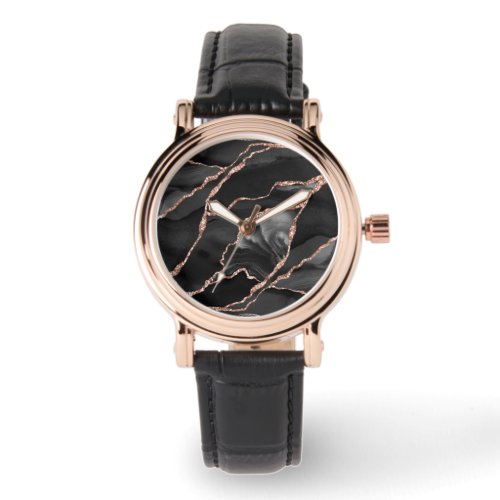 Elegant Black Rose Gold Foil Agate Watch