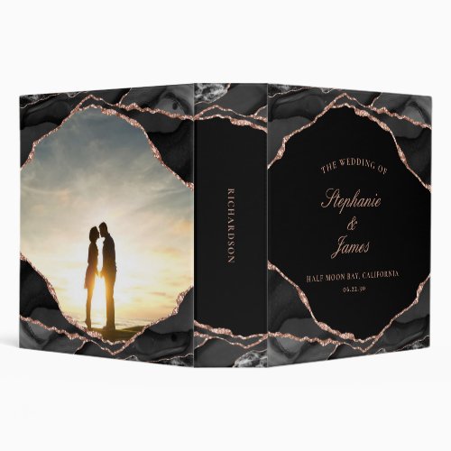 Elegant Black Rose Gold Foil Agate Wedding Album 3 Ring Binder