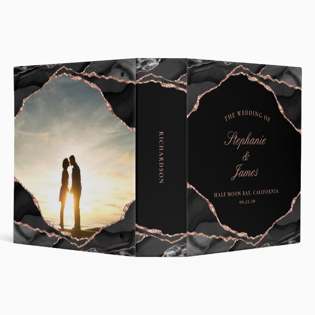 Elegant Black Rose Gold Foil Agate Wedding Album 3 Ring Binder (Background)