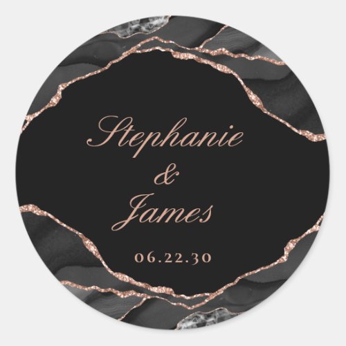 Elegant Black Rose Gold Foil Agate Wedding Classic Round Sticker