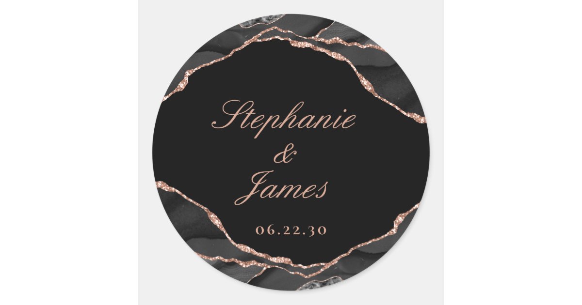 Elegant Black Rose Gold Foil Agate Wedding Classic Round Sticker | Zazzle