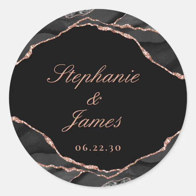 Elegant Black Rose Gold Foil Agate Wedding Classic Round Sticker | Zazzle