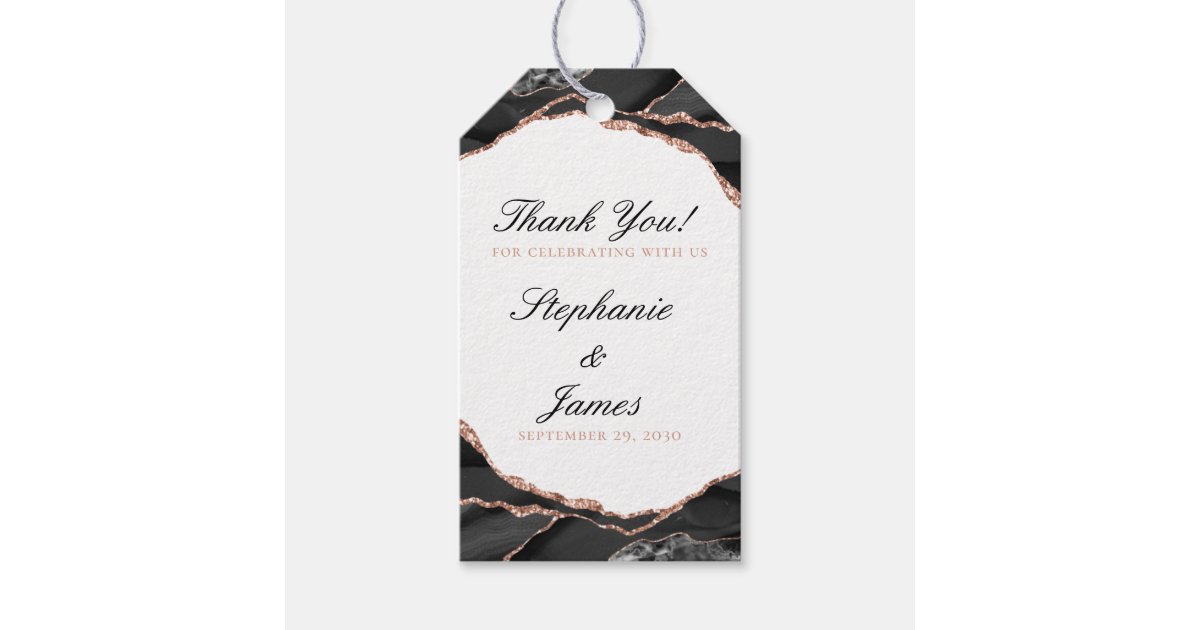Elegant Black Rose Gold Foil Agate Wedding Gift Tags | Zazzle