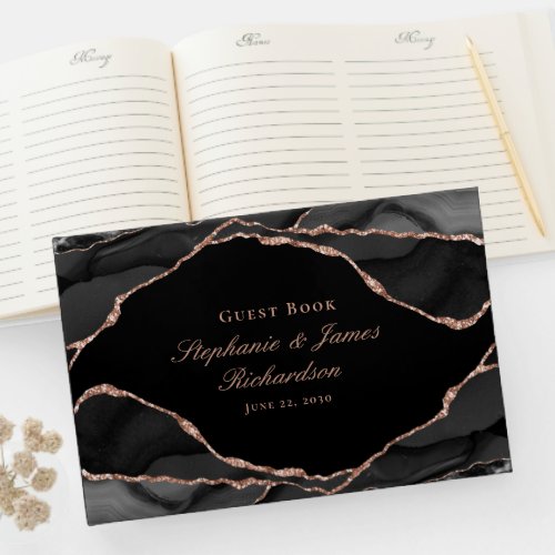 Elegant Black Rose Gold Foil Agate Wedding Guest Book