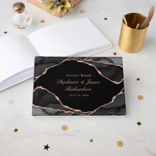 Elegant Black Rose Gold Foil Agate Wedding Guest Book