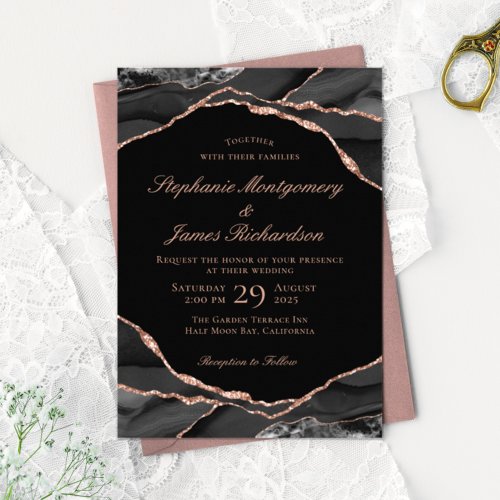 Elegant Black Rose Gold Foil Agate Wedding Invitation