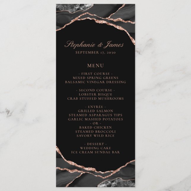Elegant Black Rose Gold Foil Agate Wedding Menu (Front)